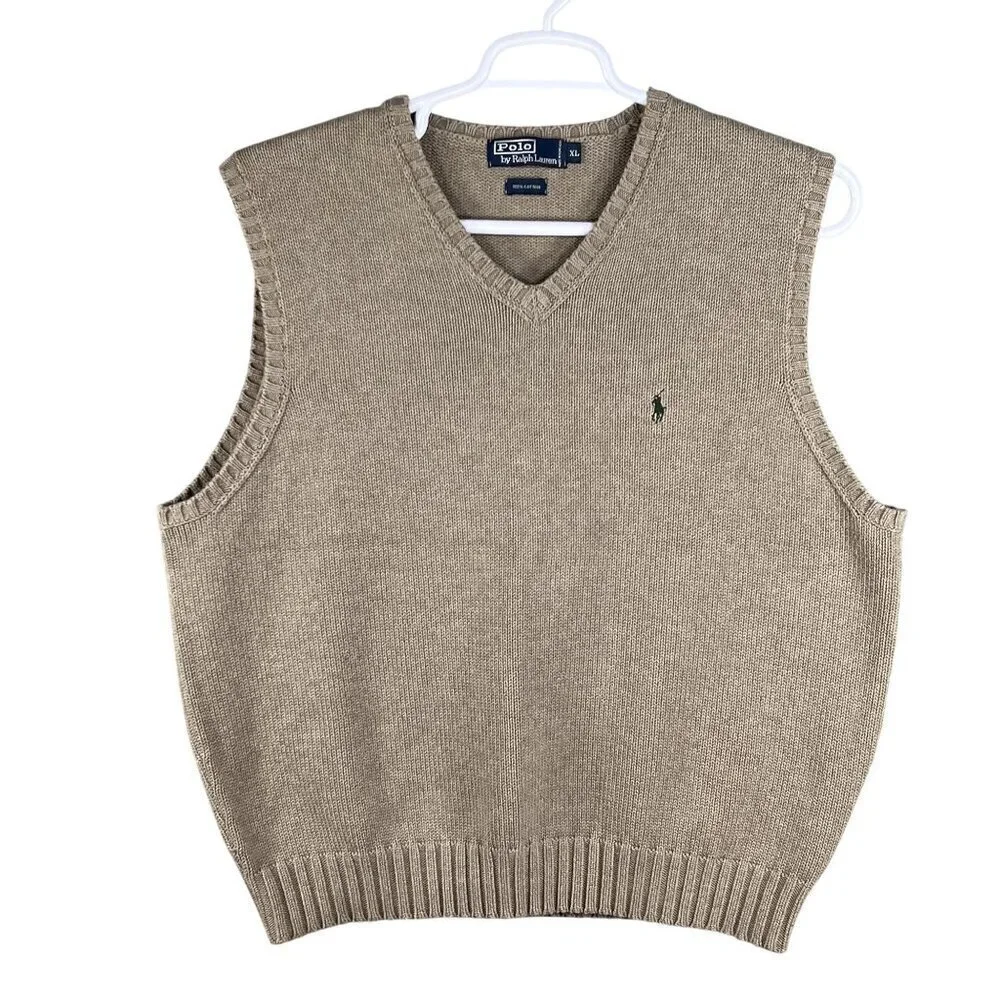 Polo Ralph Lauren Mens XL Tan Knit Sweater Vest Logo Golf Quiet Luxury Old Money